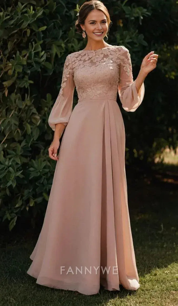 Elegant A-Line Lace Embellished Bell Sleeve Chiffon Maxi Dress Mother of the Bride Dress